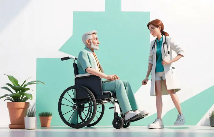 Healthcare Assistance with the Patient in Wheelchair Art 3D Character Illustration